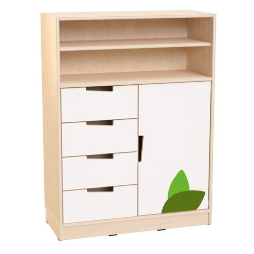 Meuble avec étagères, tiroirs et portes décorées