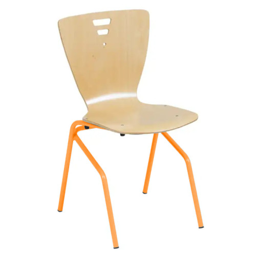 Chaise réfectoire appui sur table assise bois pieds acier orange