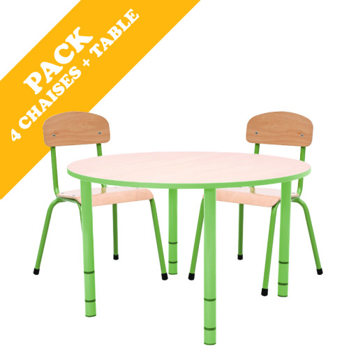 Pack table ronde réglable maternelle avec chaises vert olive