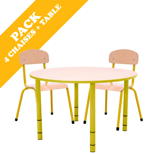 Pack table ronde réglable maternelle avec chaises moutarde