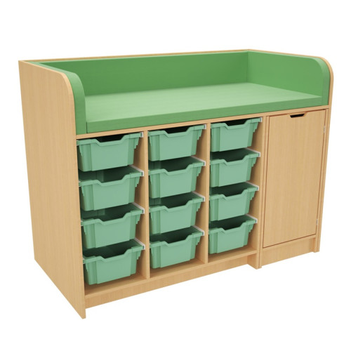 Table de change pour professionnel avec escalier droite et bacs de rangements vert olive