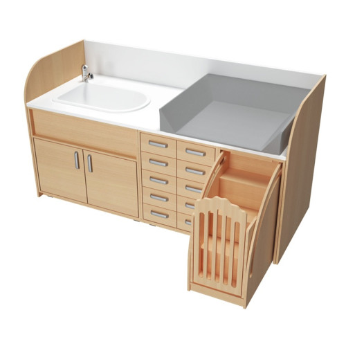 Meuble de change tout-en-un avec baignoire et escalier sécurisé