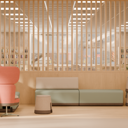 Banquette modulable dans espace bibliothèque