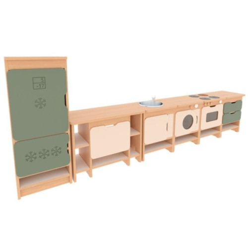 Cuisine jeu imitation beige et kaki finition bois