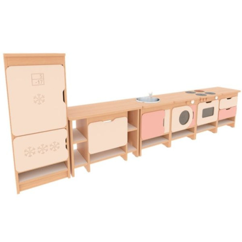Cuisine jeu imitation beige et rose finition bois