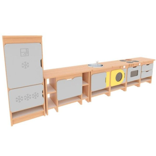 Cuisine jeu imitation gris et jaune finition bois