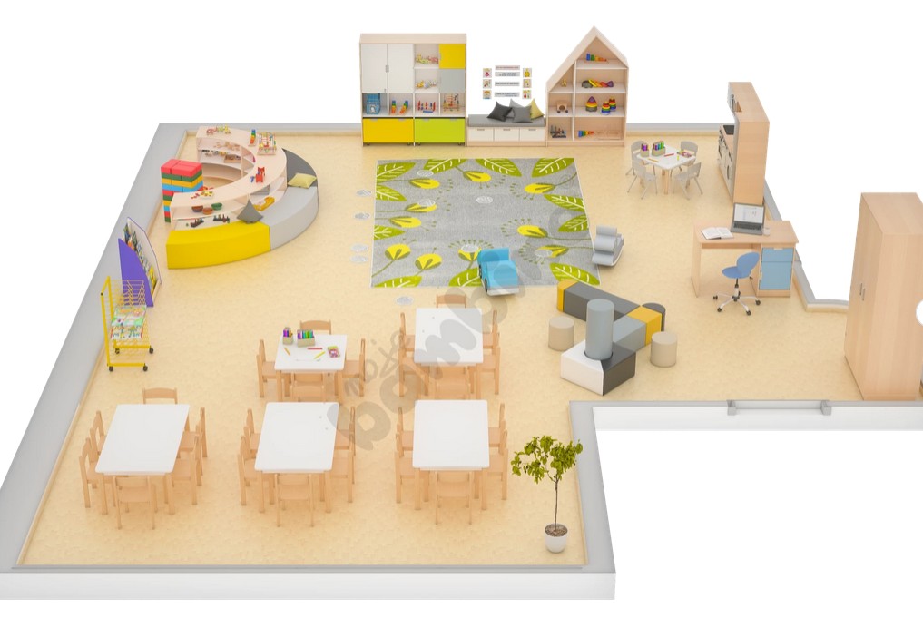 Classe structurée avec espaces distincts : travail, regroupement, détente et rangement