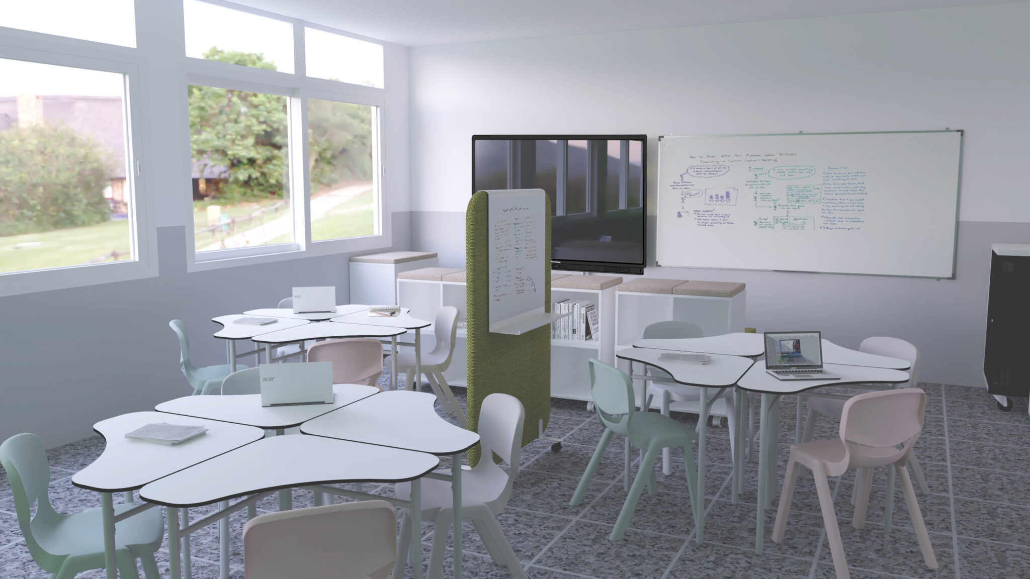 Espace de travail en classe avec tables en îlots et élèves en activité