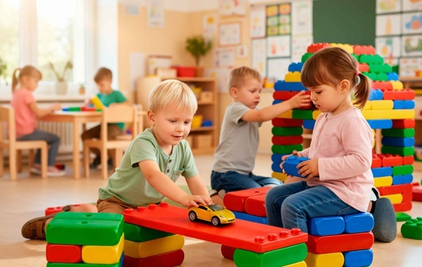 enfants construisant avec des briques de construction géantes
