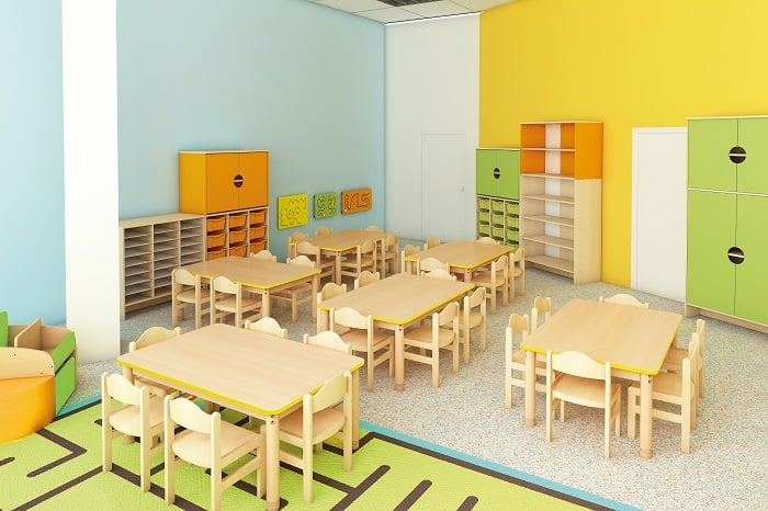 Aménagement coloré d'une salle de classe maternelle
