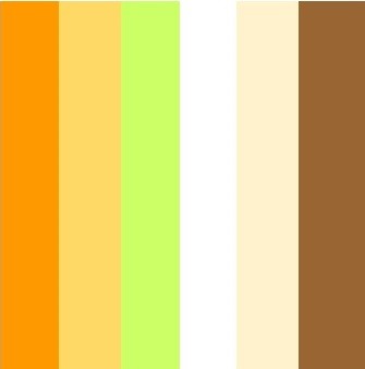 Orange - jaune - vert clair - blanc - beige et marron